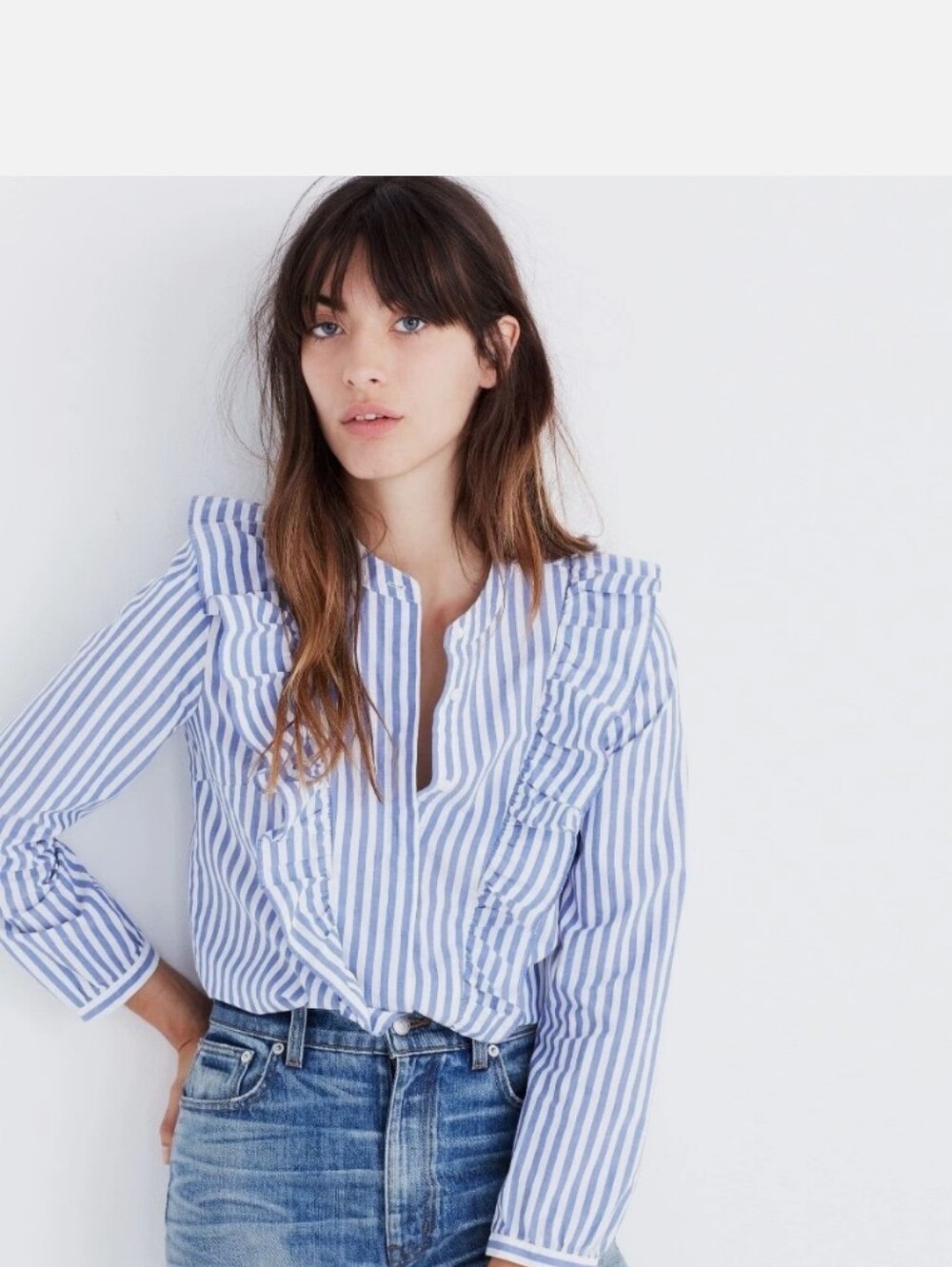 Madewell Blue & White Striped Ruffle Button-Front Top